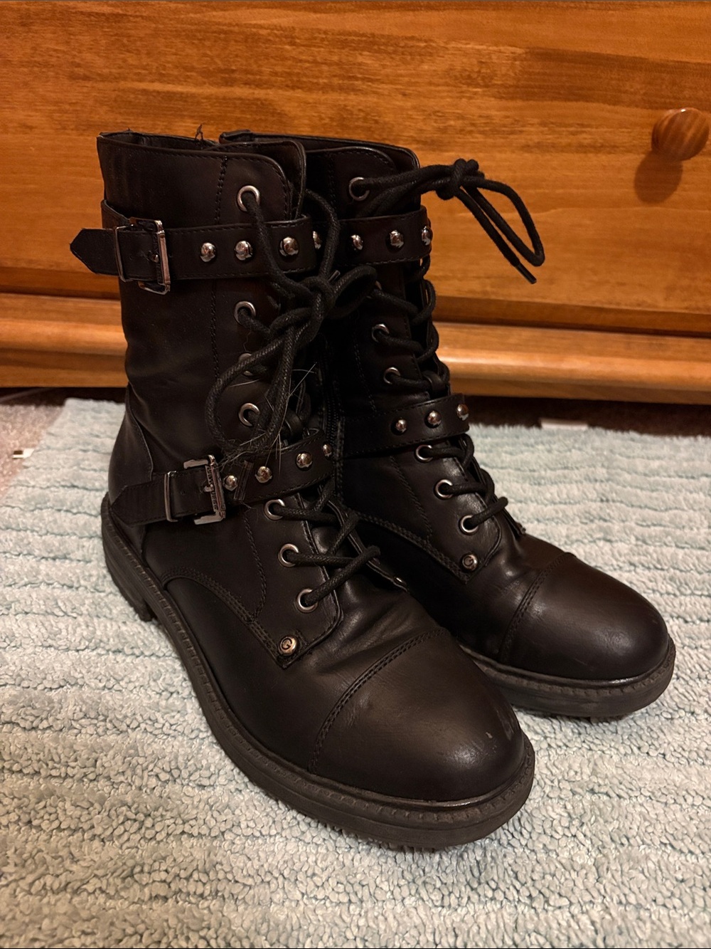 Guess Women's Black Lace-Up Combat Boots with Buckle Detail
